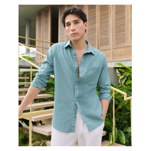 Bewakoof Men's Teal Blue Cotton Linen Shirt