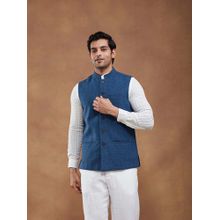 Fabindia Blue Cotton Dobby Nehru Jacket