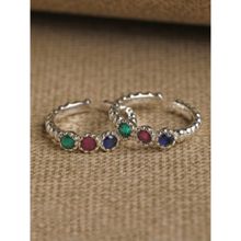 CLARA 925 Silver Size Adjustable Colorful Toe Rings Pair Gift For Women And Girls