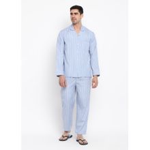 Shopbloom Light Blue and White Stripes Long Sleeve Pure Cotton Night Suit (Set of 2)