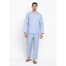 Shopbloom Hazy Blue and White Stripes Long Sleeve Pure Cotton Night Suit (Set of 2)