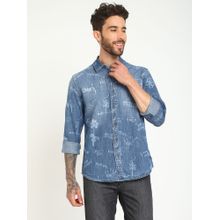 Guess Men Blue Printed Spread Collar Full Sleeves Denim Shirt