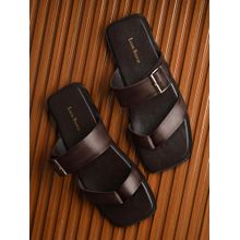Brunette Brown Open Toe Lightweight T-Strap Leather Sandal with Adjustable Buckle Strap