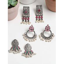 OOMPH Combo of 3 Oxidised Silver Pink, Green & Maroon Stones Drop Earrings