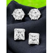 OOMPH Combo Of 2 Silver Tone Small Round And Square Cubic Zirconia Stud Earrings