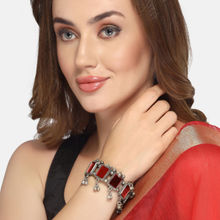 Moedbuille Mirrors & Ghungroos Afghan Tribal Design Oxidised Silver Plated Red Bracelet
