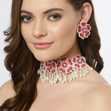 Moedbuille Off White Pearls Embroidered Pink Floral Design Contemporary Necklace Set