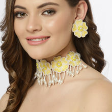 Moedbuille Off White Pearls Embroidered Yellow Floral Design Contemporary Necklace Set