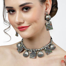 Moedbuille Crystals Studded Antique Tribal Design Oxidised Silver Plated Jewellery Set