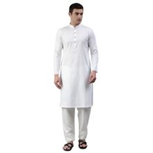 Manthan White Striped Blended Cotton Knee Length Kurta