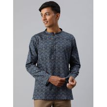 Manthan Blue Printed Satin Full Sleeves Short Kurta