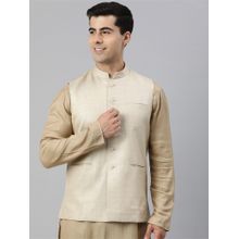 Manthan Beige Solid Art Silk Sleeveless Nehru Jacket