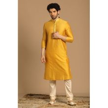 Manyavar Art Silk Mustard Solid Mandarin Collar Kurta Churidar (Set of 2)