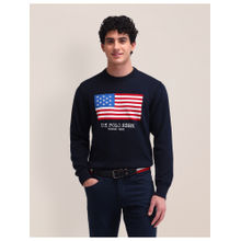 U.S. POLO ASSN. Textured Navy Blue Full Sleeves Crew Neck Sweater