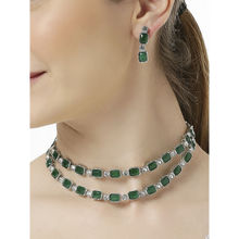 OOMPH Green Multi Layer American Diamond Necklace Set with Earrings