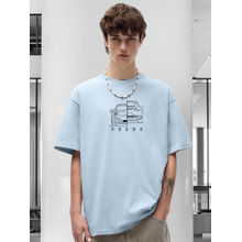 PRONK Terry Cotton Graphic Round Neck Oversized Sky Blue T-Shirt for Men