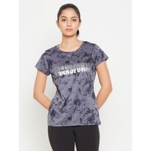 Clovia Comfort Fit Active Text Print T-Shirt In Grey with Reflective Sticker