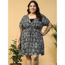 Oxolloxo Plus Size Black Floral Print Elasticated Waist Beachwear Kaftan with Knee Length