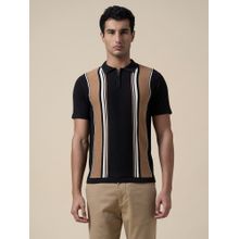 SELECTED HOMME Black Cotton Colour blocked Zip Knit Polo T-Shirt