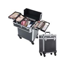 NFI Essentials Aluminium Makeup Box with Keys Swivel Wheels Makeup Box Case Large