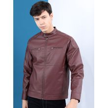 HIGHLANDER Men Burgundy Solid Leather Jacket
