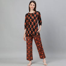 Jaipur Kurti Women Black Ethnic Print Straight Cotton Short Kurta With Pyjamas (Set Of 3)