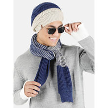 Bharatasya Set of Knitted Winter Cap and Muffler Blue White