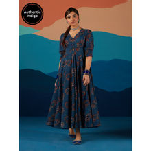Likha Blue Indigo Saga Pure Cotton Authentic Hand Block Print & Mirror work Umbrella Cut Dress
