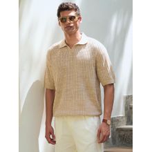 Andamen Men Textured Cotton Relaxed Fit Khaki Polo T-Shirt