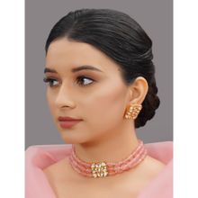 Designbox Pink Beaded Choker Necklace with Kundan Pendant and Earrings