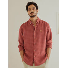 Andamen Men Red Checks Slim Fit Collar Neck Linen Casual Shirt