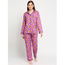 Pyjama Party Boho Chic Button Down Pj Set - Pure Cotton Pj Set With Notched Collar - Purple