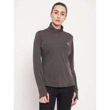 Clovia Comfort-Fit Active Zipper T-Shirt in Dark Grey with Thumbhole