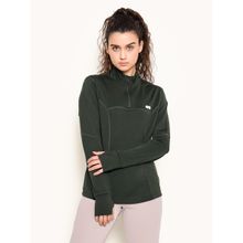 Clovia Comfort-Fit Active Zipper T-Shirt in Seaweed Green with Thumbhole