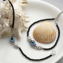 PANASH Silver-Plated Elephant Shaped Black & Blue Beaded Evil Eye Handcrafted Anklets