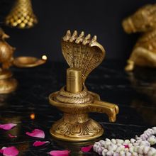 eCraftIndia Golden Decorative Handcrafted Shivling with Naag Devta Brass Showpiece