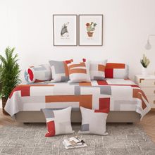 Story@Home Red & Brown Geometric Print Microfiber Diwan Bedsheet & Cushion Cover