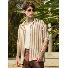 Campus Sutra Men Canvas Beige & Russet Brown Stripes Open-Knit Oversized Shirt