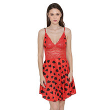 N-Gal Women's Heart Print Satin Soft Bridal Baby Doll Dress Nightwear - Red