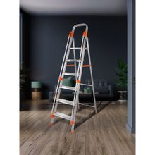 Plantex Secura Aluminum Foldable 6 Step Ladder With Safe Hand Rail-Orange-Silver