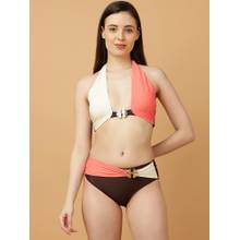 SOIE Peach Colorblock Poly-Spandex Regular Bikini Top and Bikini Bottom