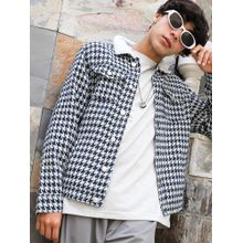 Campus Sutra Men Navy Blue & Moon Grey Fleece Houndstooth Denim Jacket