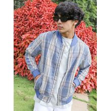 Campus Sutra Men Icy Blue Tartan Plaid Jacket With Ribbed Hem