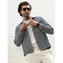 Campus Sutra Men Navy Blue & Moon Grey Fleece Houndstooth Denim Jacket