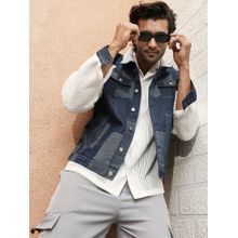 Campus Sutra Men Navy Blue & Chalk White Fleece Block Denim Jacket