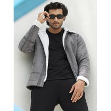 Campus Sutra Men Moon Grey & Chalk White Fleece Lined Biker Jacket