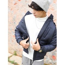 Campus Sutra Men Navy Blue Self-Design Diamond Puffer Jacket With Fleece Hood