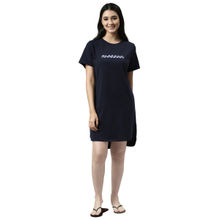 Enamor Essentials Womens E802- Cotton Short Sleeve Round Neck Mini Lounge Dress-navy