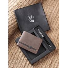 ZEVORA Men Two Fold Leather Wallet With Twister Ball Pen - Brown