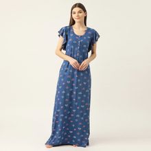 Sweet Dreams Women Cotton Printed Maxi Nightdress - Blue